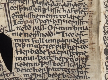 Orm's statement of intent for the Ormulum. "I have set this text in English to educate English men. It was there where I was Christened Orrmin, and sincerely I, Orrmin, with the mouth and also with the heart, hereby then ask Christian men to hear or read this book; I ask them that they say this prayer for me." Rough parchment with black writing